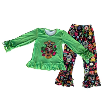 Yeni Çocuk Giyim Uzun Kollu Ruffles Kaktüs Kafatası Gül Kıyafetler Çan Pantolon Toddler Kız Setleri
