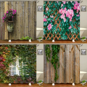 Çiçekler Bitki Bambu Çit Duş Perdesi 3D Bahçe Peyzaj Su Geçirmez Polyester Banyo Karartma Perdeleri Banyo Ekran Dekor