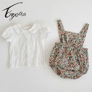 Engepapa 2022 Yeni Yaz Bebek Kız Takım Elbise Kısa Kollu Nokta Gömlek Üst + çiçekli tulum Seti Bebek Takım Elbise Bebek Romper Giyim