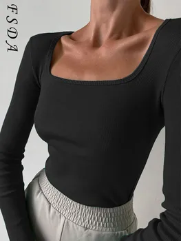 FSDA 2021 Kare Boyun Yeşil Uzun Kollu T Shirt Kadın Örme Sonbahar Kış Siyah Temel Kauçuk Beyaz Haki Üst Gömlek Casual Y2K