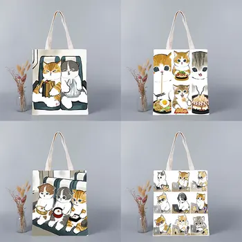 Japon okul çantası Çantalar Kawaii Kedi Baskı Alışveriş Tuval Büyük Tote Çanta Eko alışveriş çantası Katlanabilir Kullanımlık Harajuku Çanta