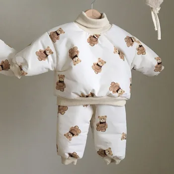 MILANCEL Kış Yeni Bebek Giysileri Setleri Bebek Kalın Astar Sıcak Yastıklı Giysi Ve Pantolon 2 adet Toddler Karikatür Ayı Baskı Kıyafet