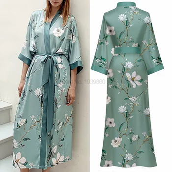Saten Elbise Kadın Yaz Gecelik İç Çamaşırı Baskı Çiçek Pijama Gecelik V Yaka Kimono Bornoz Kıyafeti Kıyafeti Loungewear