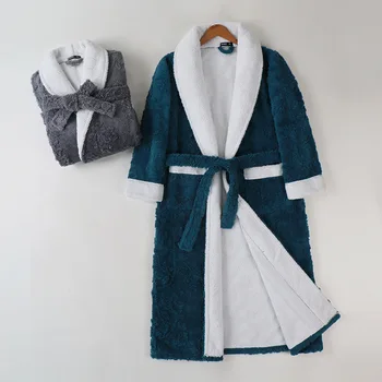 Artı Boyutu Kalın Jakarlı Flanel Elbise Erkekler Uzun Kimono Bornoz Elbisesi Sonbahar Kış Sıcak Mercan Polar Erkek Pijama Ev Giysileri