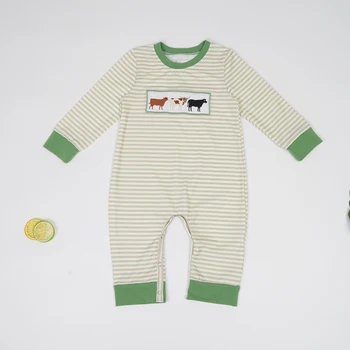 Yeşil Şerit Tulum Erkek Bebek Giysileri Bebek Romper İnek Nakış Uzun Kollu Pantolon Bodysuit çocuk kıyafetleri 0-3T Bebek