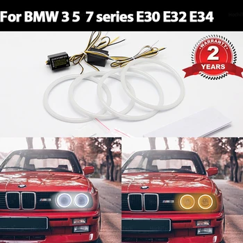 BMW 3 5 7 serisi için E30 E32 E34 Beyaz ve sarı Çift ve beyaz renk Pamuk LED Melek gözler kiti ışık halkası DRL Dönüş sinyal ışığı