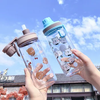Japon Sevimli Ayı İçme Saman Su Şişesi Cam Öğrenci Çocuklar Kızlar İçin Sevimli sızdırmaz Taşınabilir Taşıma Halkası İle Su Bardağı