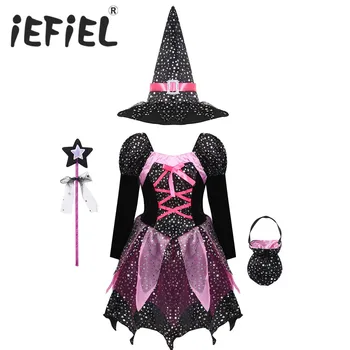 Çocuk Kız Cadılar Bayramı Cadı Kostüm Kıyafet Sparkly Gümüş Yıldız Baskılı Karnaval Cosplay Elbise Sivri Şapka Değnek Şeker çanta seti