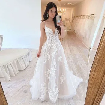 Zarif düğün elbisesi Aplikler Dantel Spagetti Kayışı A-Line Gelinlikler Boho gelinlik Vestido De Noiva