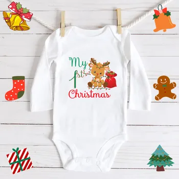 Benim İlk Noel Yenidoğan Bodysuit Pamuk Vücut Bebek Erkek Kız Uzun Kollu Noel Tulumlar Bebek Tatil Romper Giysileri