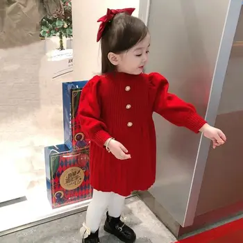 Toddler Kız Örme Sıcak Elbise Bahar Yeni çocuk Uzun Kollu Puf Kollu Elbise Kız Yün Streç Prenses Kazak Elbise
