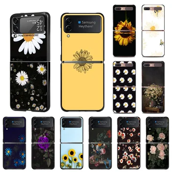 Papatya Ayçiçeği Mat Siyah telefon samsung kılıfı Galaxy Z Flip 4 3 Flip4 Flip3 5G Desen Darbeye Dayanıklı Sert Kılıflar Kapak Coque