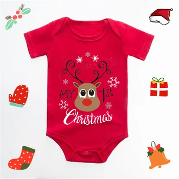 Sevimli Erkek Kız Yeni Yıl Giysileri Bebeğin Benim İlk Noel Bodysuit Ren Geyiği Vücut Bebek Romper Bebek Kısa Kollu Tulum Kıyafet