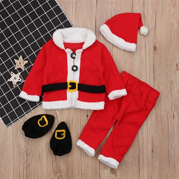 Çocuk Noel Kostüm Santa Kırmızı Kadife Uzun Kollu Düğmeler Ceket+ Uzun Pantolon+ Parti Şapka + Çizmeler ayakkabı koruyucu için Erkek Kız