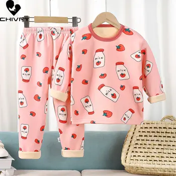 Yeni Çocuk Erkek Kız Kalın Pijama Setleri Karikatür Baskı Uzun Kollu Sıcak T-Shirt Pantolon ile Bebek Sonbahar Kış Uyku Giysileri