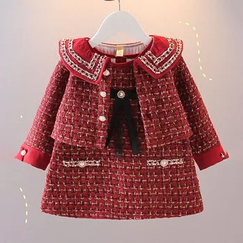 Kız Elbise Takım Elbise Küçük Koku Etek Sonbahar ve Kış Kalınlaşma çocuk Bebek Ceket Yelek Etek İki parçalı Set