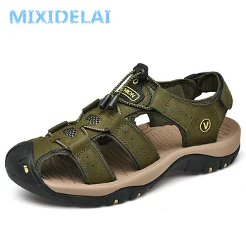 MIXIDELAI Hakiki Deri erkek ayakkabıları Yaz erkek Sandalet Erkek Sandalet Moda Açık Plaj sandaletleri ve terlikler Büyük Boy 38-48