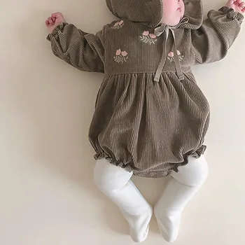Bebek Bebek Kız Tulum Vintage İşlemeli Kadife Kore Tarzı Bahar Sonbahar Bebek Giysileri Toddler Bebek Kız Romper + Şapka