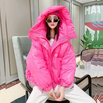 Şeker Renk Kadın Kapşonlu Gevşek Kısa Aşağı pamuklu ceket Kış Batwing Kollu Sıcak Parkas Standı Yaka Kadın Pamuk Giyim