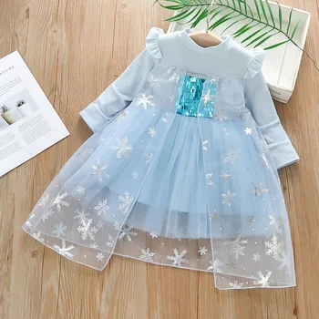 Bebek Kız Elbise Çocuklar Pullu Kar Tanesi Örgü Elbiseler Noel Doğum Günü Partisi Sevimli Peri Prenses Elbise Toddler Kız Giysileri 1-5Y