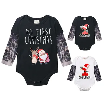 Noel Bebek Tulum Kaya Dövme Baskı Üstleri Uzun Kollu Bebek Erkek Romper Bebek Kız Pamuk Tulum Noel Bebek Giysileri Takım Elbise