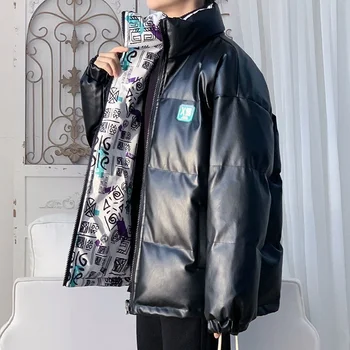 2022 Erkek Giyim Çift taraflı Kore tarzı pamuklu giysiler Kış Gevşek Kalınlaşmış Sıcak PU Deri Ceket