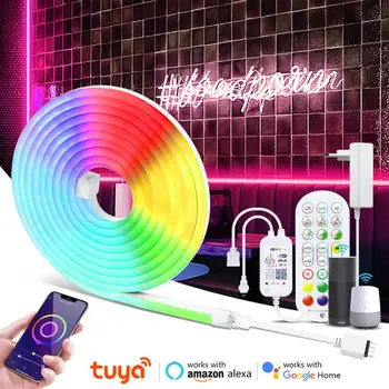 1-5M Tuya LED Şerit Neon Işıkları Tuya Akıllı Yaşam WiFi APP Kontrolü RGB Neon Burcu Bant Açık Bahçe Dekorasyon Alexa Google Ev