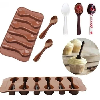 1 adet 6 Delik Kaşık Şekli Çikolata Kalıp Silikon DIY Bisküvi Jöle Puding Şeker Buz Pişirme Araçları Kaşık Tasarım Kek Kalıpları