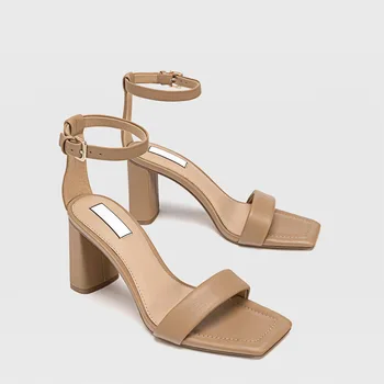 Marka kahverengi mizaç kadın ayakkabısı 2022 bahar yeni basit kelime kalın yüksek topuklu sandalet resmi elbise parti ayakkabıları