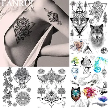 FANRUİ Kadınlar Geçici Dövme Etiket Gezegenler Kurt Tilki Dağ Sahte Dövme Vücut Sanatı Kol Dövmeler Gül Çiçek Geometrik Üçgen