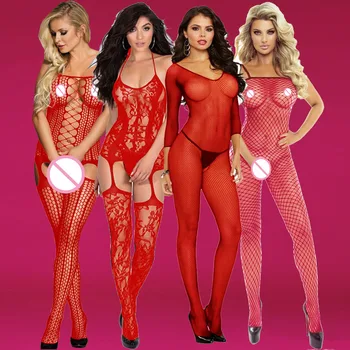 Kırmızı Seksi Bodystockings Kadınlar Fishnet Açık Crotch catsuit Mesh tayt Lingerie Erotik Bodysuit Pijama Crotchless Teddies
