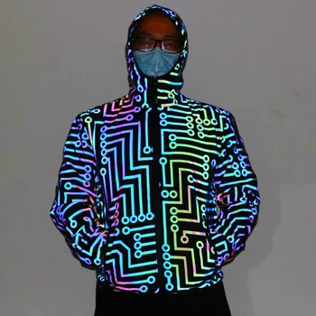 gece kulübü dansçı devre geometrik desen gökkuşağı renk yansıtıcı ceket erkek kadın hip-hop mekanik dans kapüşonlu ceket