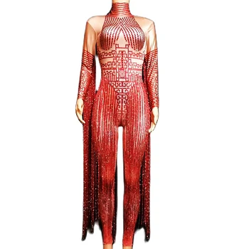 2022 Shining Rhinestones Kırmızı Saçak Tulumlar Kadınlar Uzun Kollu Streç Leotard Gece Kulübü Şarkıcısı Kutup Dans Sahne Giyim Kostüm