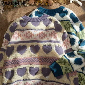 ZAZOMDE Çift Kalp şeklinde Kazak Triko Sonbahar Kış O Boyun Gevşek Retro Kazak Uzun Kollu Casual Aşk Moda Kazak