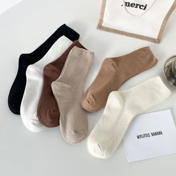 Kahverengi Çorap Kadın Tüp Çorap Saf Pamuk Bahar Sonbahar Ins Minimalist Tarzı Düz Renk Çizgili Çorap Tüm Maç Rahat Çorap