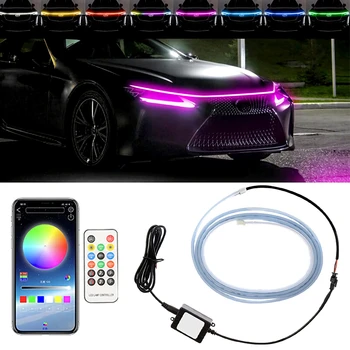 Led araba kaput ışıkları RGB renkli şerit Drl gündüz farları far APP uzaktan kumanda ile Dönüş sinyal lambası 12V