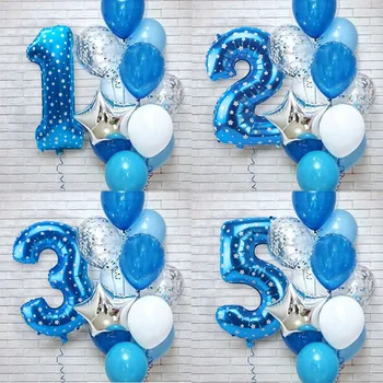 12 adet Mavi Numarası Folyo Balon Konfeti Lateks Balonlar Doğum Günü Partisi Süslemeleri Çocuklar Kız Erkek 1st Bir Yıl Doğum Günü Dekor