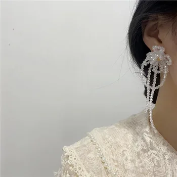 El yapımı Moda Uzun Püskül Kore Şık Damla Küpe Büyük Kristal Boncuk Çiçek Petal Küpe Kadınlar için düğün takısı