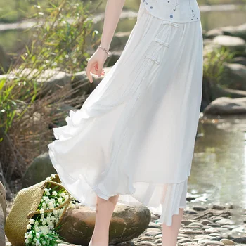 Kadın Harajuku Gevşek Beyaz Pilili Uzun Etek Ropa Çin Etnik Tarzı Moda 2022 Casual Vintage Fairycore Faldas Giyim