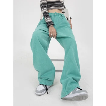 Yeşil Bayan Kot Yüksek Bel Vintage Düz Baggy Kot Pantolon Streetwear Amerikan Tarzı Moda Rahat Geniş Bacak Kot Pantolon