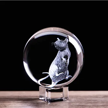 3D Lazer Kazınmış Zodyak Sıçan Kristal Top Ev Sanat Koleksiyon Hayvan Figürleri Feng Shui Cam Mermerler Küre Dekor El Sanatları Hediye