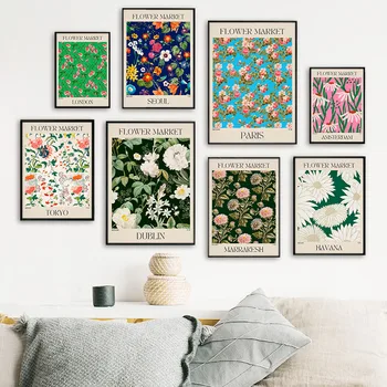 Çiçek Pazarı Paris Londra Poster Baskı Vintage Botanik Bitki Tuval Boyama Soyut Duvar Sanatı Nordic Resim Oturma Odası İçin
