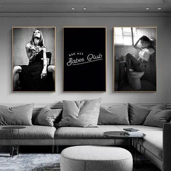 Badass Babes Kulübü Posteri Kadın Sigara Tuval Boyama Siyah Beyaz İskandinav sanat baskı Modern Duvar Resmi Oturma Odası Ev Dekor