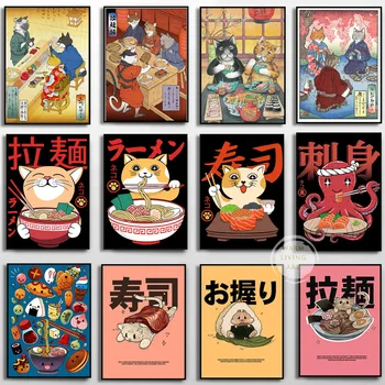 Samurai Kedi Ramen Suşi Sashimi Boyama Komik Japon Poster Baskı Tuval Ukiyoe Duvar Sanatı Resimleri Mutfak Sanat Ev Dekor