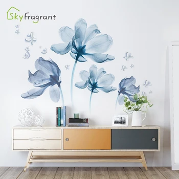 Romantik Mavi Çiçekler Duvar Sticker Oturma Odası yatak odası dekoru Ev arka plan duvar dekoru Kendinden yapışkan çıkartmalar Odası Dekorasyon