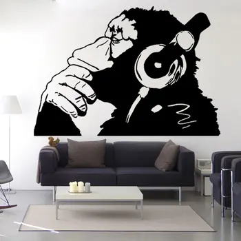 Banksy Vinil Duvar Çıkartması Maymun Kulaklık / Tek Renk Şempanze Müzik Dinleme Kulaklık / Sokak Graffiti Sticker WL149