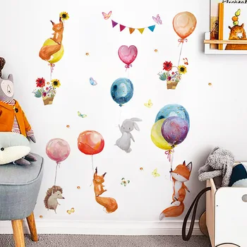 Karikatür Renkli Balonlar Hayvanlar duvar çıkartmaları Çocuk Odası için Bebek Kreş Odası Dekorasyon Duvar Çıkartmaları PVC Tilki Tavşan Çıkartmalar