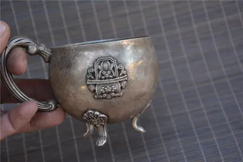 Antik QingDyansty eski Tibet Gümüş çay bardağı, oyma çiçek, işareti ile, El sanatları, Toplama ve Süsleme, Ücretsiz kargo