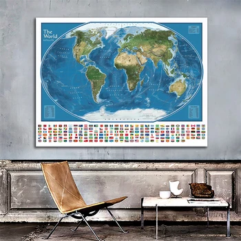 150x100cm dokunmamış Dünya Haritası Ulusal Bayraklar ile Dünya Uydu Haritası Posteri En Büyük Su Kütleleri ve Kara Kütleleri Rütbe