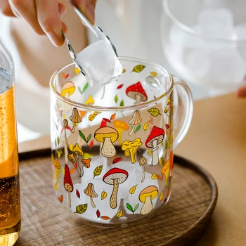 JINYOUJIA ısıya Dayanıklı Saplı Cam Kupa Kahvaltı süt kupası Sevimli Ofis Ev Kahve Kupaları Limon Mantar Kabak Desen